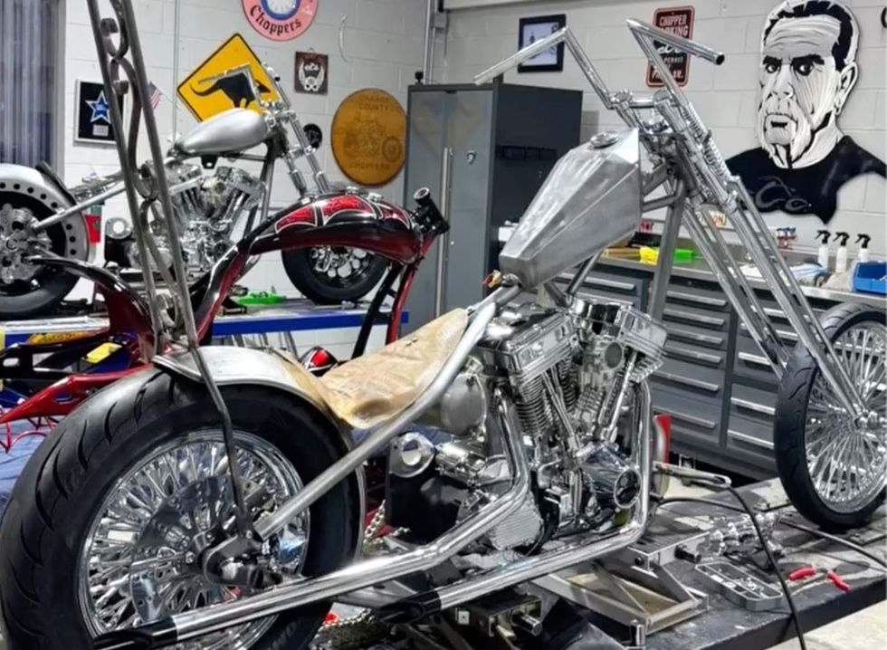 A motorcycle being worked on in the workshop