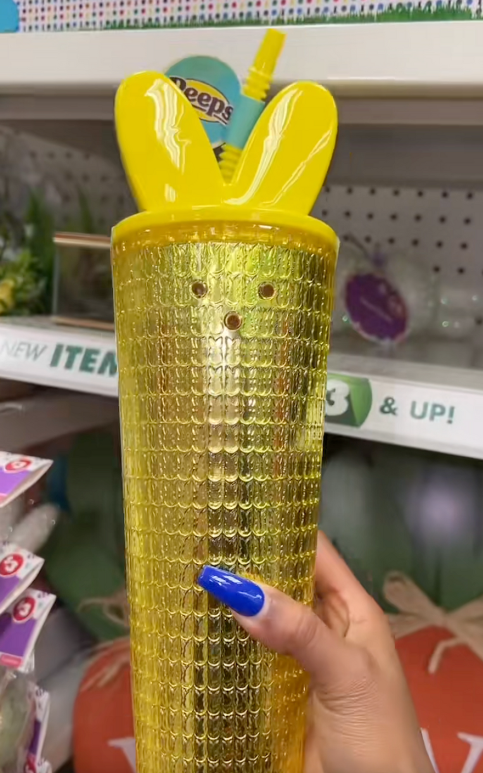 A yellow Peeps tumbler at Dollar Tree