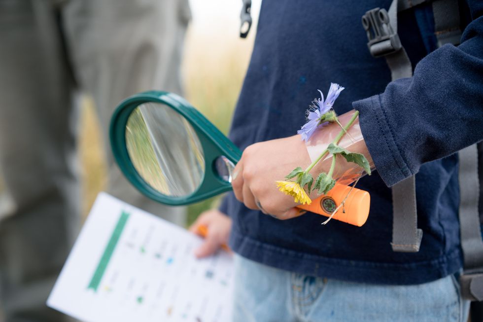 boy holding a magnifying glass and a list of scavenger hunt clues