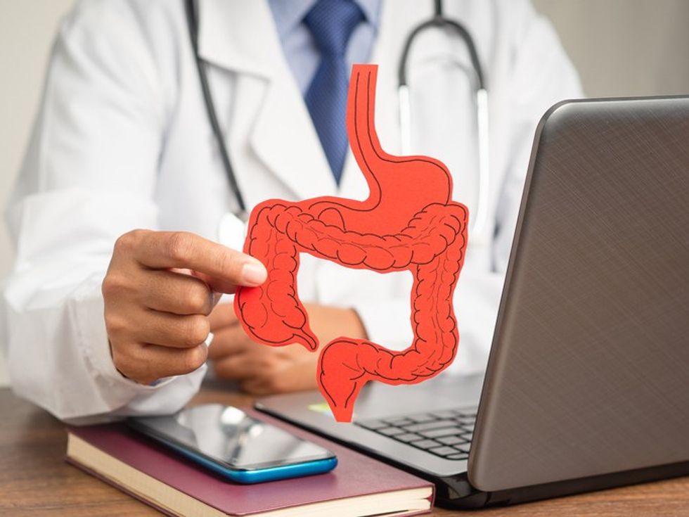 doctor sitting at desk holding out a red cutout of a large intestine