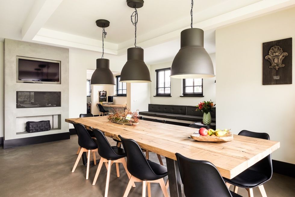 modern dining room with scandinavian wood dining table