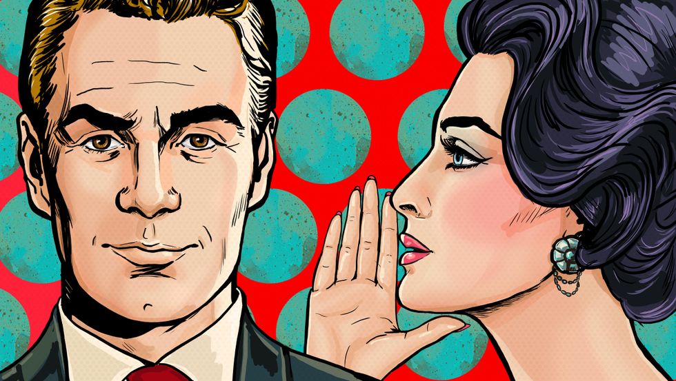 pop art portrait of woman whispering a compliment to a man