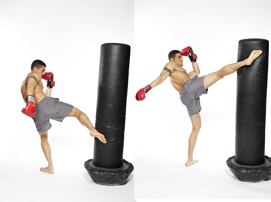 Man kicking bag, part of a great MMA training routine. 