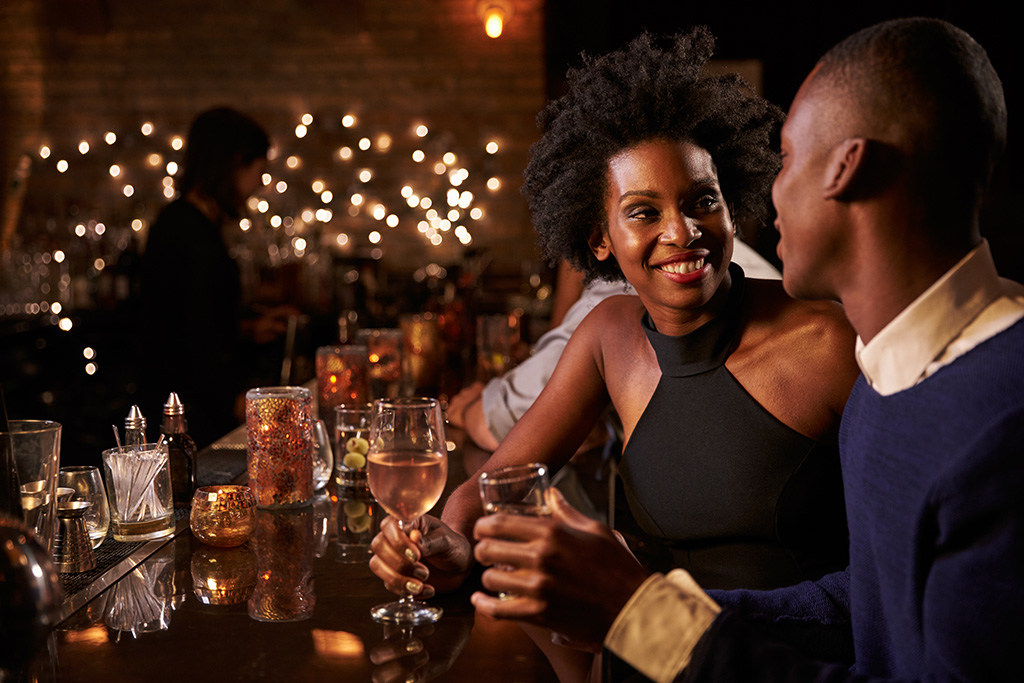 black couple in a bar on a date
