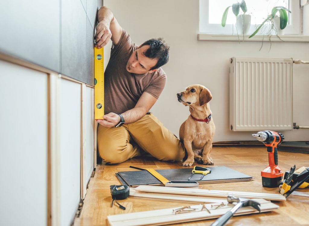 Man doing home project while dog watches