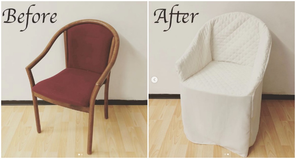 chair before and after being covered in spandex