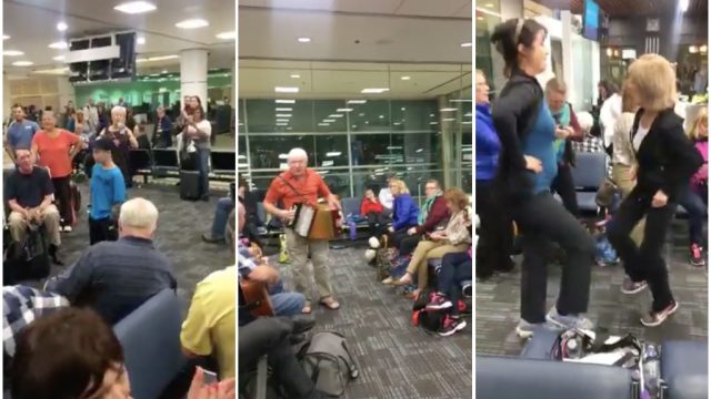 musicians at newfoundland airport have a dance party