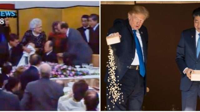 Bush throwing up and Trump throwing out his carp food.