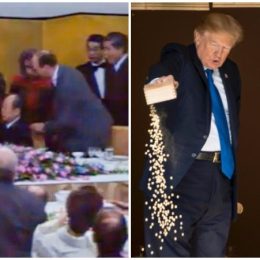 Bush throwing up and Trump throwing out his carp food.