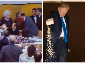 Bush throwing up and Trump throwing out his carp food.