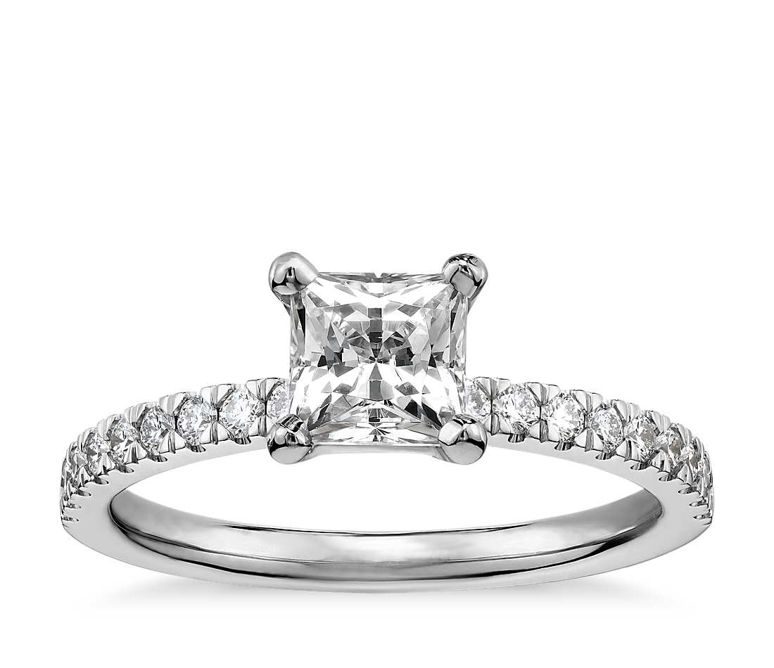 Blue Nile 3/4 Carat Princess-Cut Petite Pavé Diamond Engagement Ring, one of the best engagement rings.