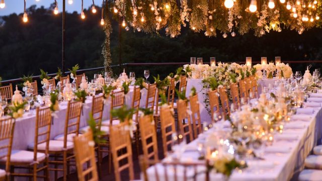 wedding table set at dusk