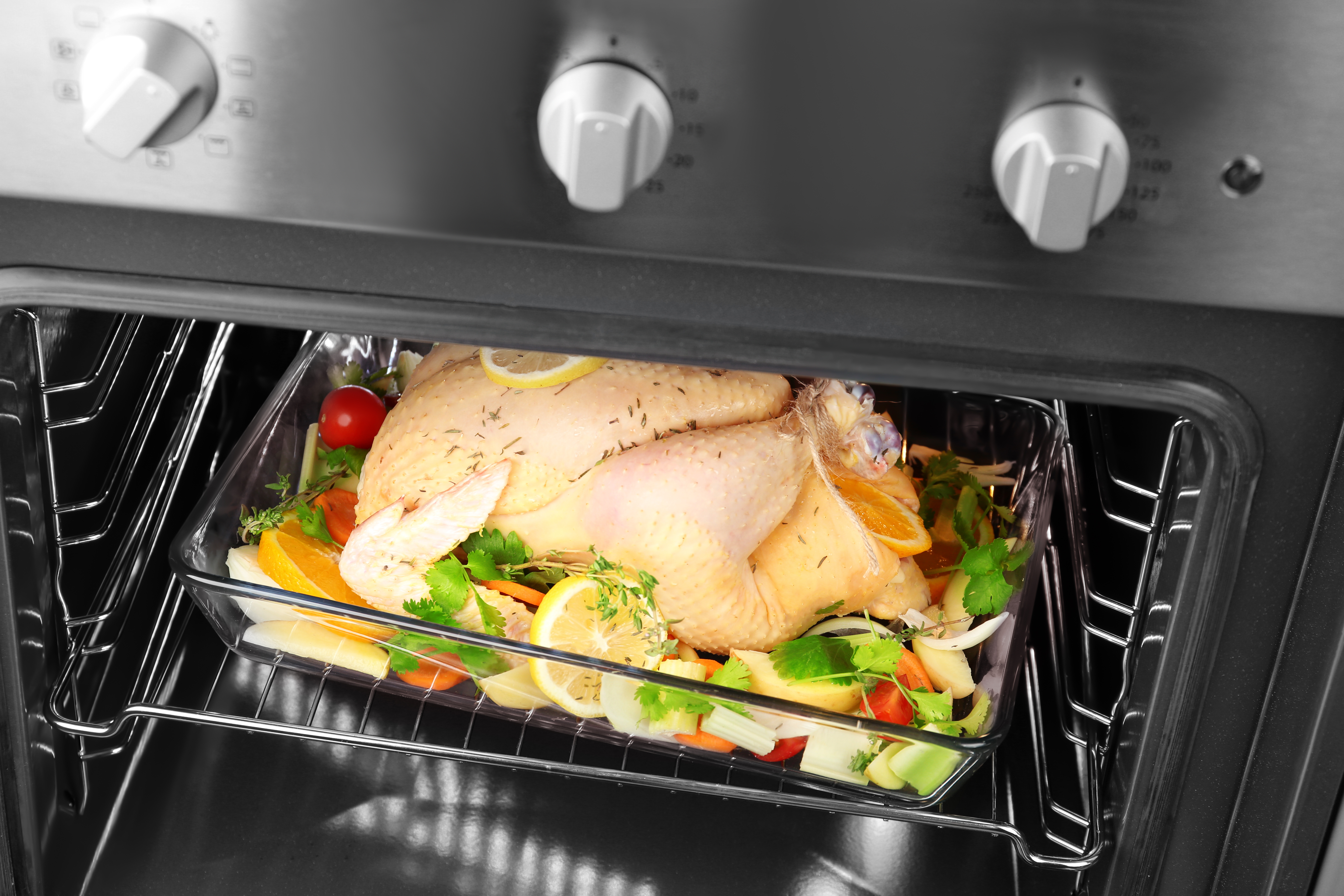 Turkey in the oven, thanksgiving turkey.