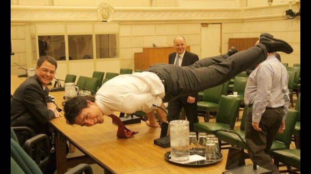PM Justin Trudeau planking on Parliament Hill. 