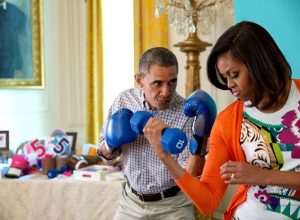 Obamas with boxing gloves