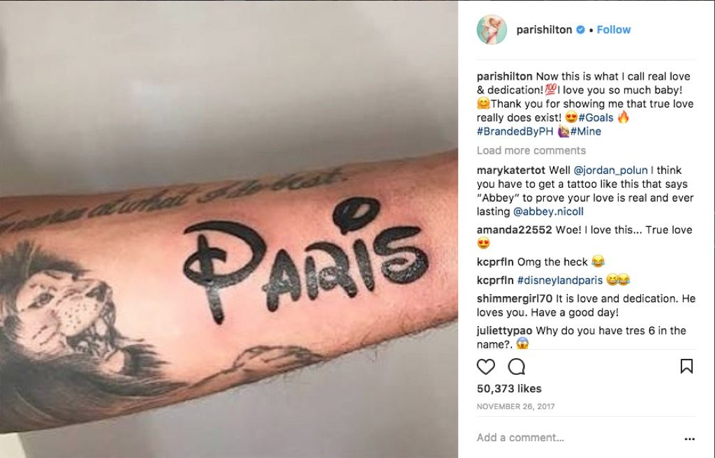 chris zylka tattoos Paris' name on arm