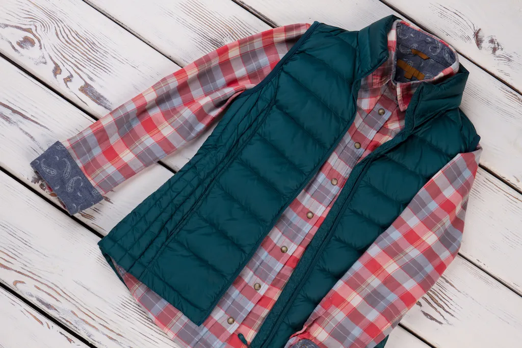 green vest and plaid shirt outfit, how to dress over 40