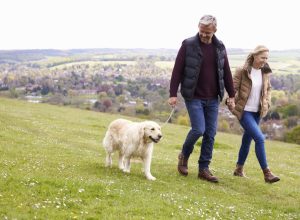 old couple walking dog, long marriage tips