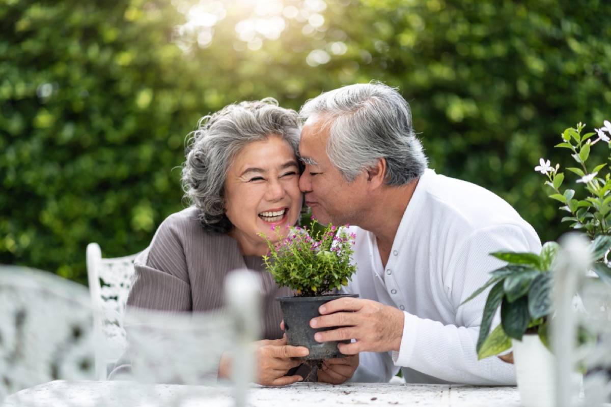 older asian man kissing woman on the cheek while holding plant, secrets of couples married for 40 years