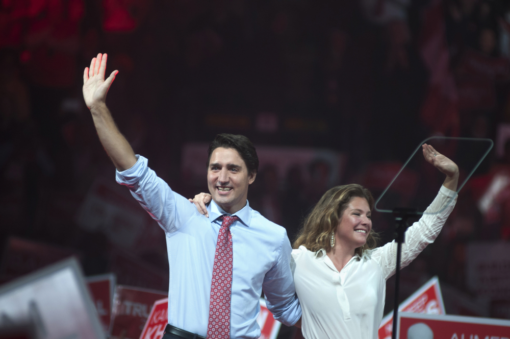 BRAMPTON - OCTOBER 4 :Justin Trudeau and his wife Sophie GrÃ©goire during an election rally of the Liberal Party of Canada on October 4, 2015 in Brampton, Canada.
