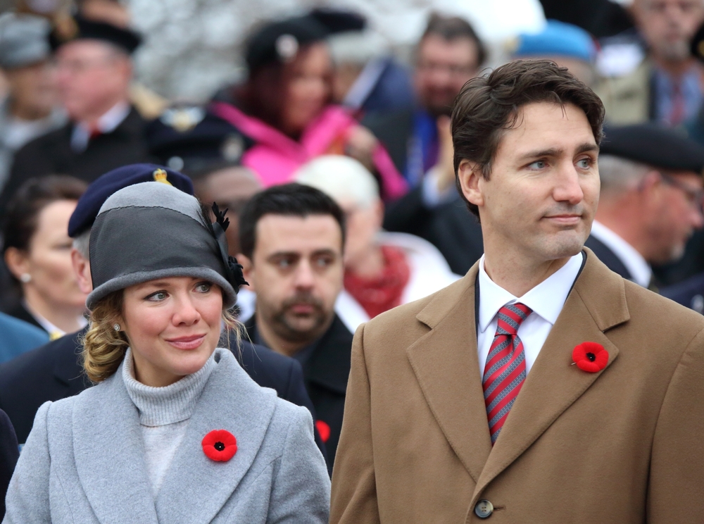 OTTAWA, CANADA - NOVEMBER 11, 2015: New Canadian Prime Minister Justin Trudeau and wife, Sophie Gregoire Trudeau, place a wreath at Remembrance Day ceremonies in Ottawa.