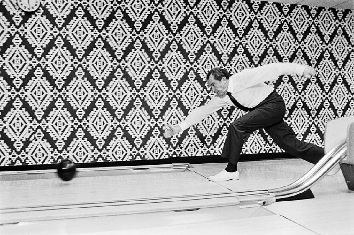 "President Nixon bowls with the winners of the 7th International Bowling Federation Tournament (not pictured)" <---- (text from original archives.gov website, as viewed 2015-12-08)