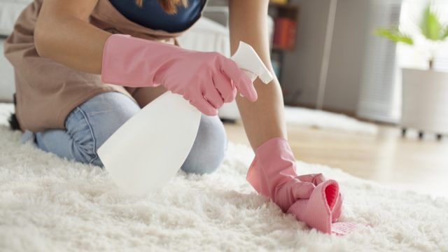 white woman cleaning white shag carpet wearing apron and pink gloves