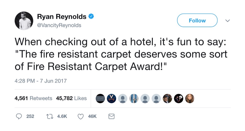 Ryan Reynolds funny tweet carpet fire