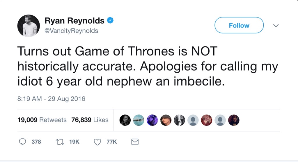 Ryan Reynolds funny tweet Game of Thrones