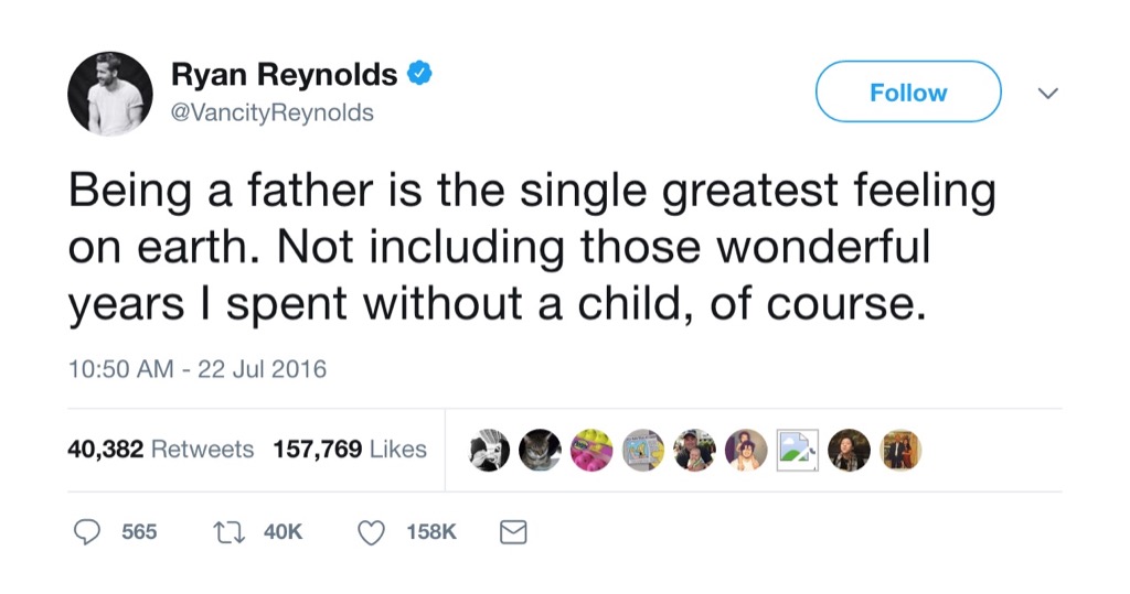 Ryan Reynolds funny parenting tweet
