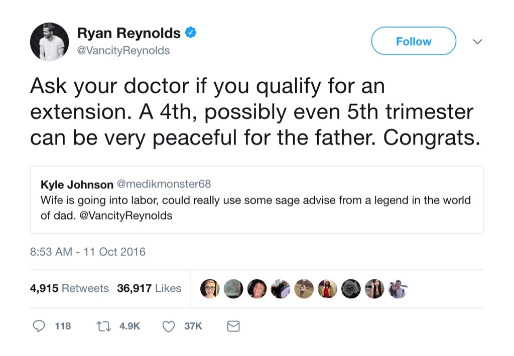 Ryan Reynolds funny tweet 5th trimester