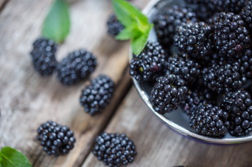 bowl of blackberries on a wooden table