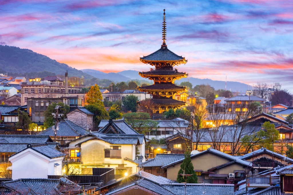 a sunset view of the rooftops and temples of kyoto, japan