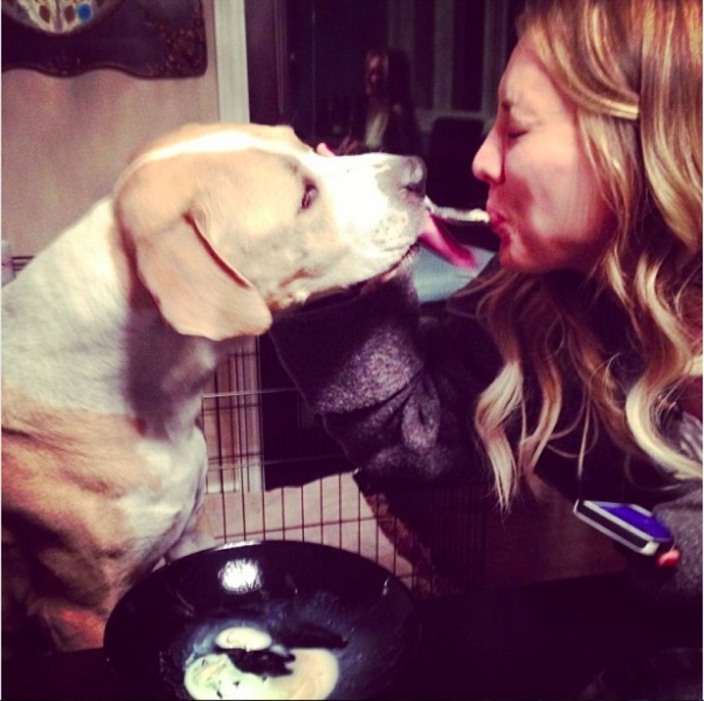 Kaley Cuoco and her dog share some food
