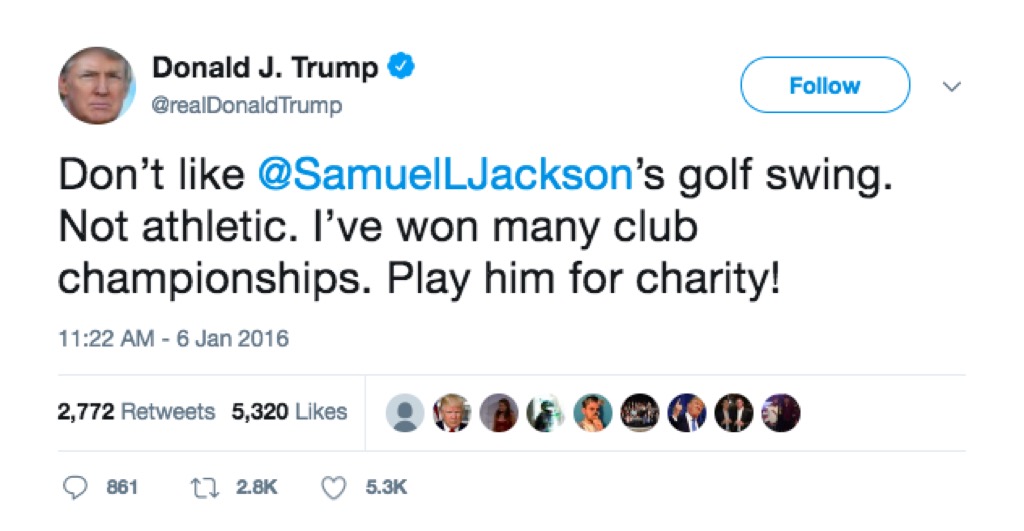 Trump uses Twitter to insult Samuel L Jackson's golf game.