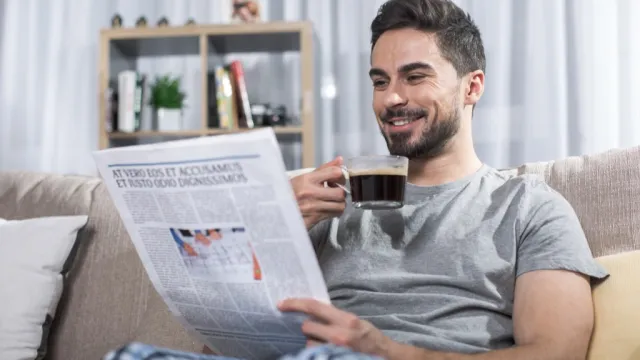 man laughing at newspaper