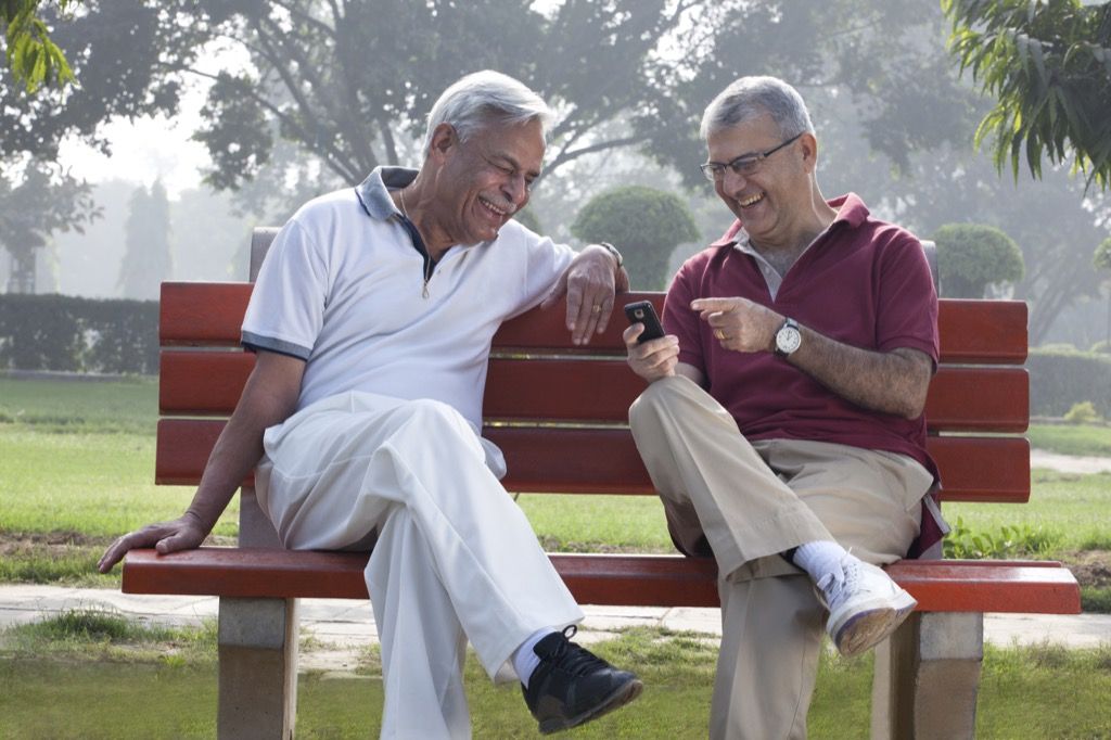 old men laughing on park bench, one liners