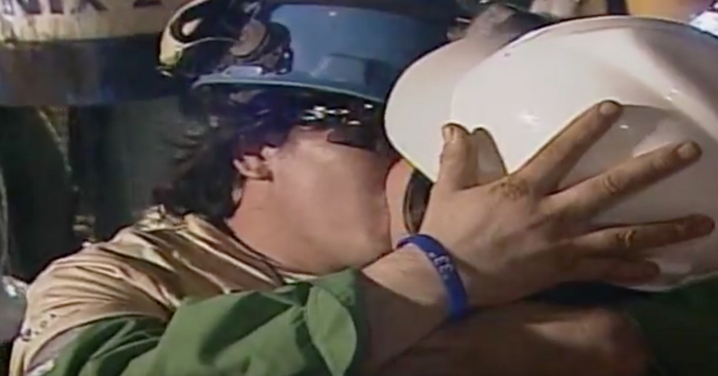 Chilean Miner Sharing Kiss with Wife 