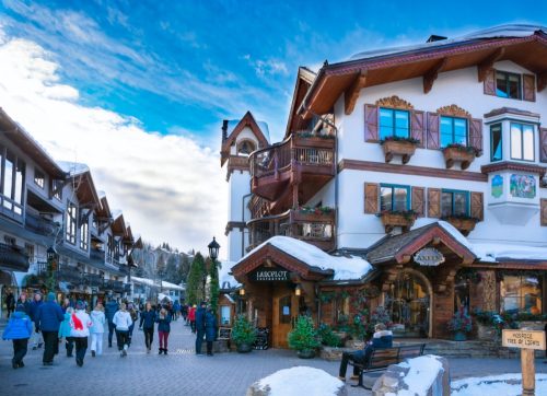winter mountain town with a swiss-style building