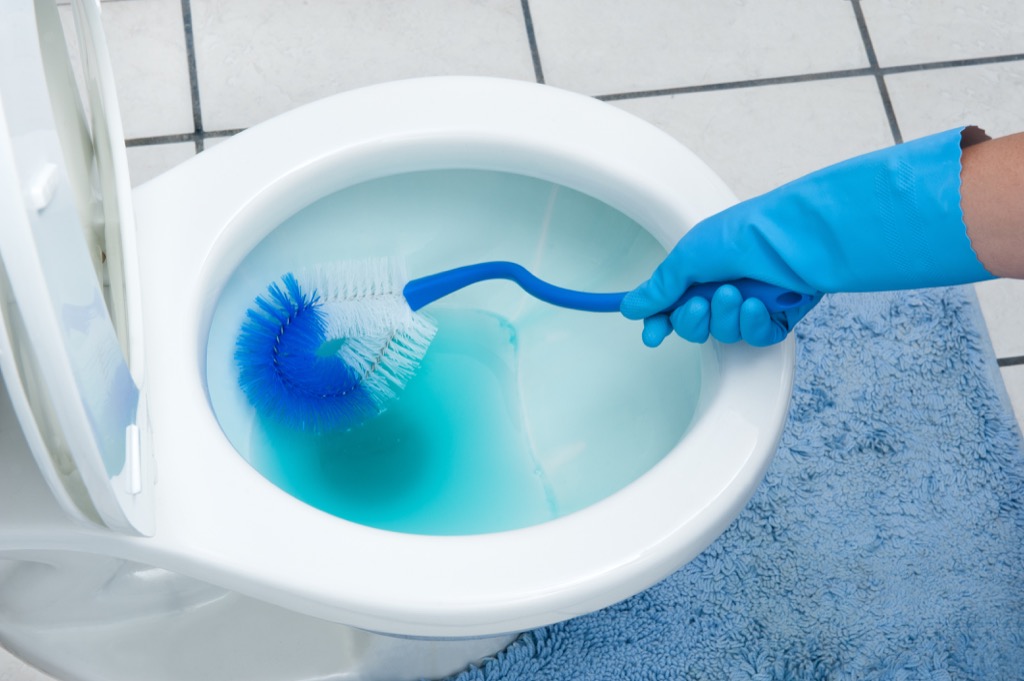 Cleaning a toilet bowl with blue substance