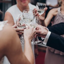 friends clinking glasses using cool words at a sophisticated cocktail party