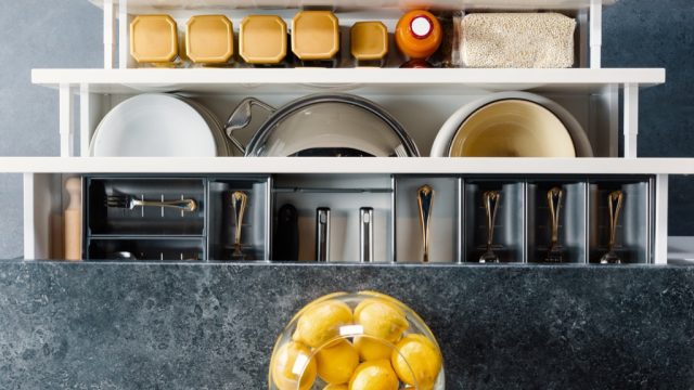 storage solutions in open kitchen drawers