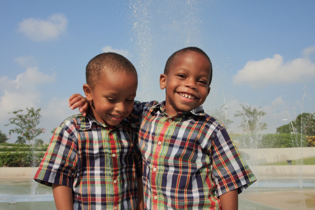 Twin little boys in matching plaid shirts