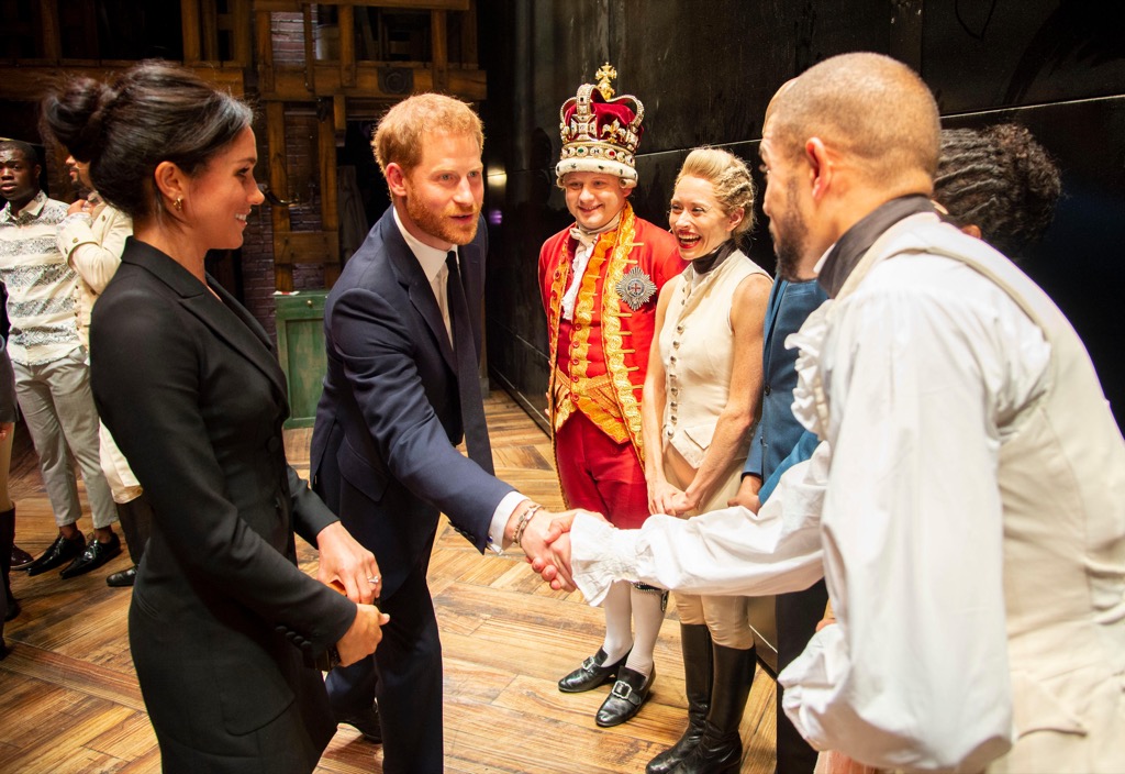 The Duke of Sussex meeting the cast at the Victoria Palace Theatre in London after attending a gala performance of the musical Hamilton, in support of Sentebale.