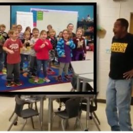 Kindergarteners at Hickerson Elementary School learned how to sign the "Happy Birthday" song for their deaf custodian, James Anthony.