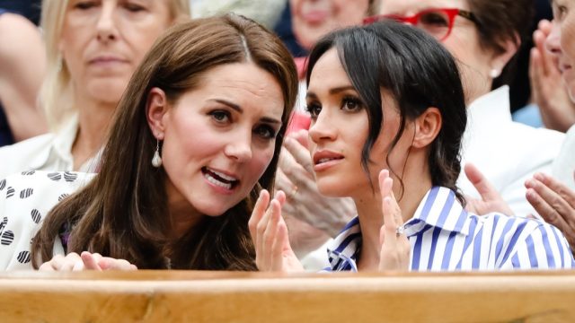 London, UK, 14th July 2018: Catherine Kate Duchess of Cambridge and Meghan, Duchess of Sussex, visiting the men's semifinal at day 12 at the Wimbledon Tennis Championships 2018 at the All England Lawn Tennis and Croquet Club in London.