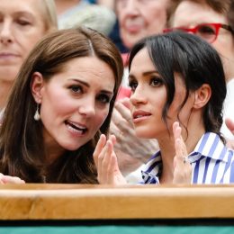 London, UK, 14th July 2018: Catherine Kate Duchess of Cambridge and Meghan, Duchess of Sussex, visiting the men's semifinal at day 12 at the Wimbledon Tennis Championships 2018 at the All England Lawn Tennis and Croquet Club in London.