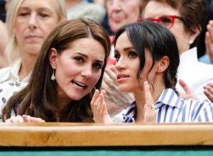 London, UK, 14th July 2018: Catherine Kate Duchess of Cambridge and Meghan, Duchess of Sussex, visiting the men's semifinal at day 12 at the Wimbledon Tennis Championships 2018 at the All England Lawn Tennis and Croquet Club in London.