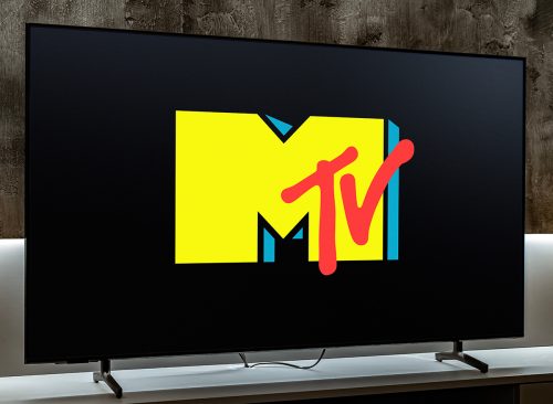 Flat-screen TV set displaying logo of MTV, an American pay television channel, based in New York City