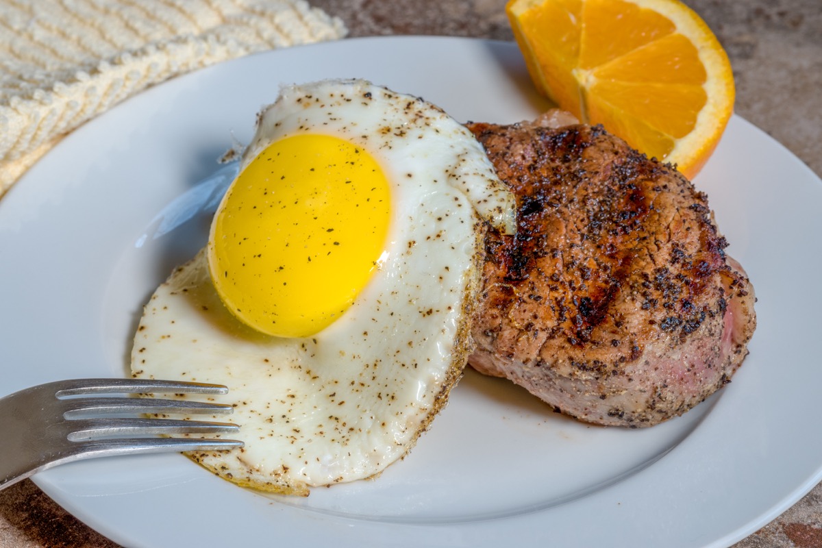 Steak and eggs high-protein breakfast meal